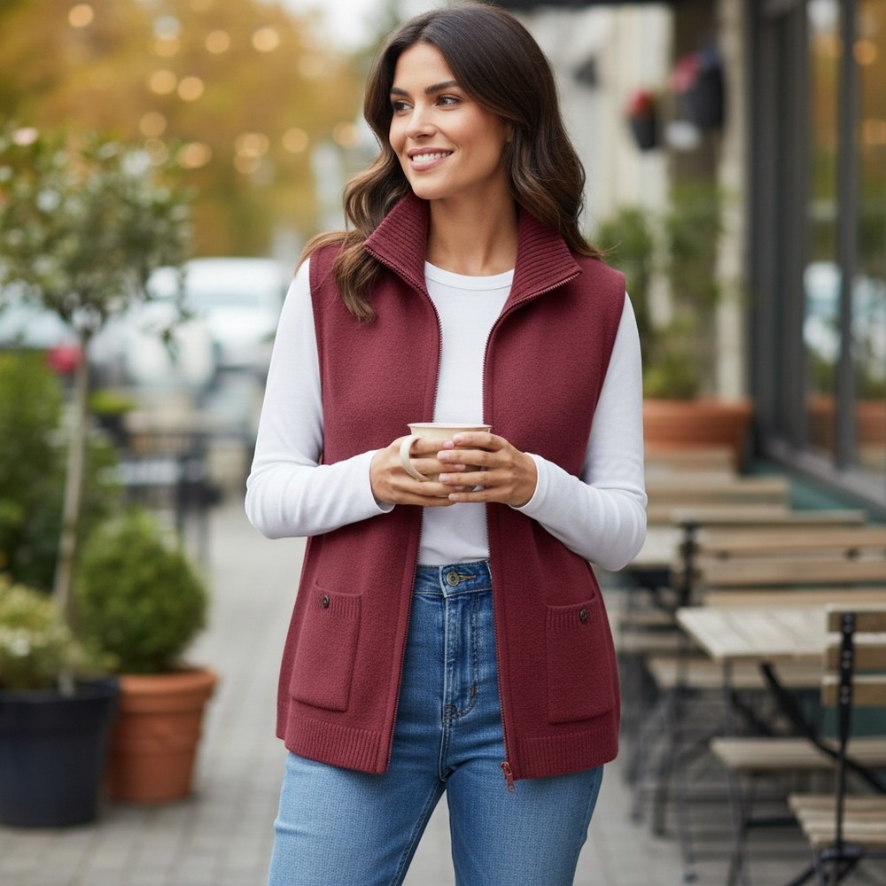 Chico's 1 (100% Boiled WOOL) Ruby Red Vest Full Zip Women's Medium (8)